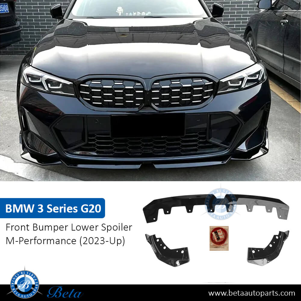 Front Bumper Lower Spoiler M-Performance Look (Gloss Black) for BMW 3 Series 2023-Up models, Part Number 51195A4B368 / 51195A4B369