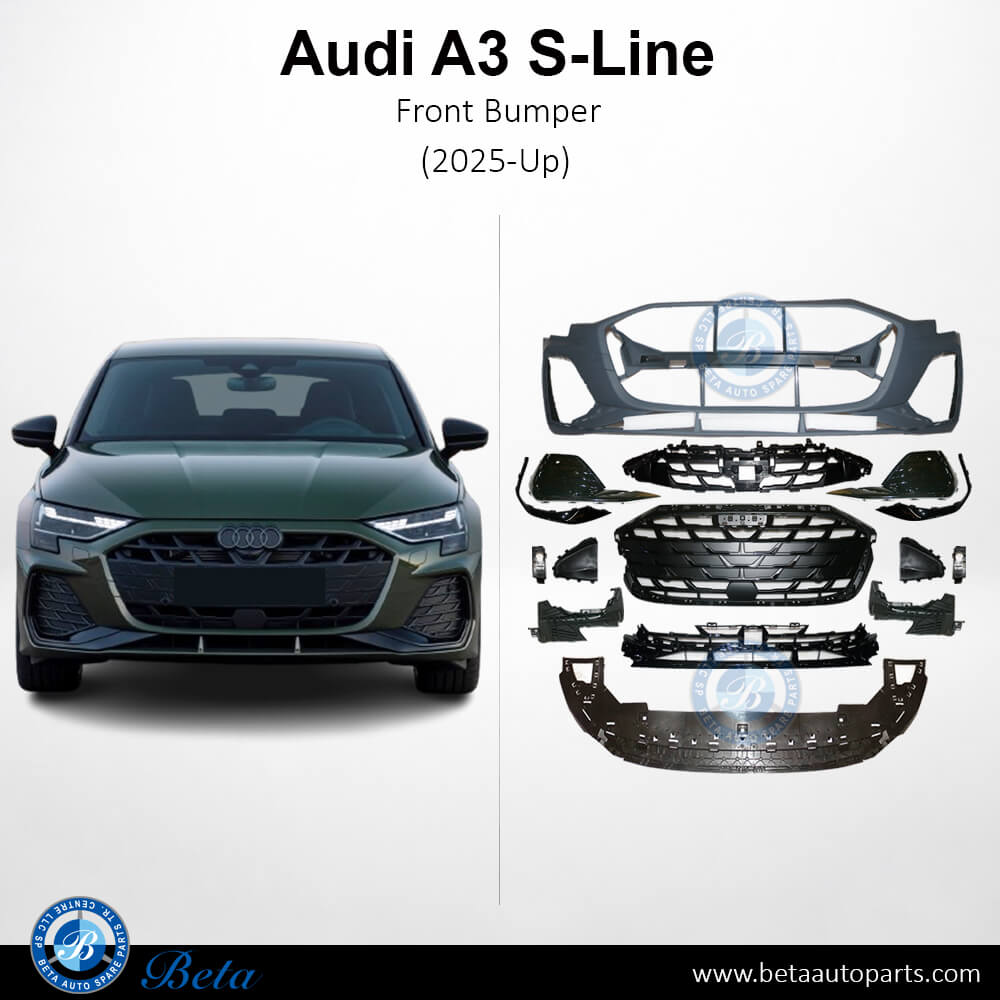 Front Bumper with PDC, Park Assist & Radiator Grille for Audi A3 S-Line 2025-Up models, Part Number 8Y0807065G