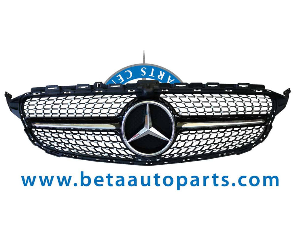 Grille Avant Style Diamant Pour Mercedes Classe C W205 (C200, C250, C300, C350) 2015-2018 - Sans Emplacement Caméra - Matériau ABS - Noir