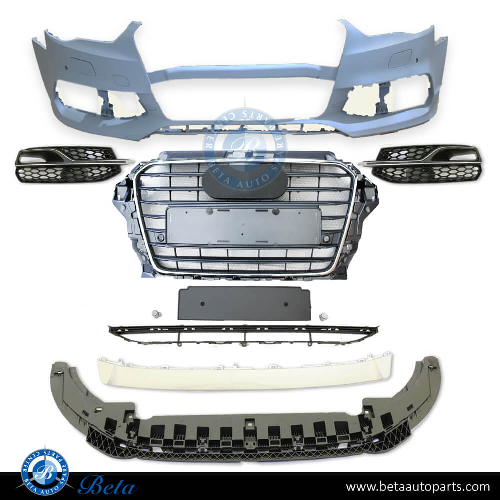 Front Bumper assembly with Grille for Audi A3 S-Line 2013-2016 models, Part Number 8V5807065J
