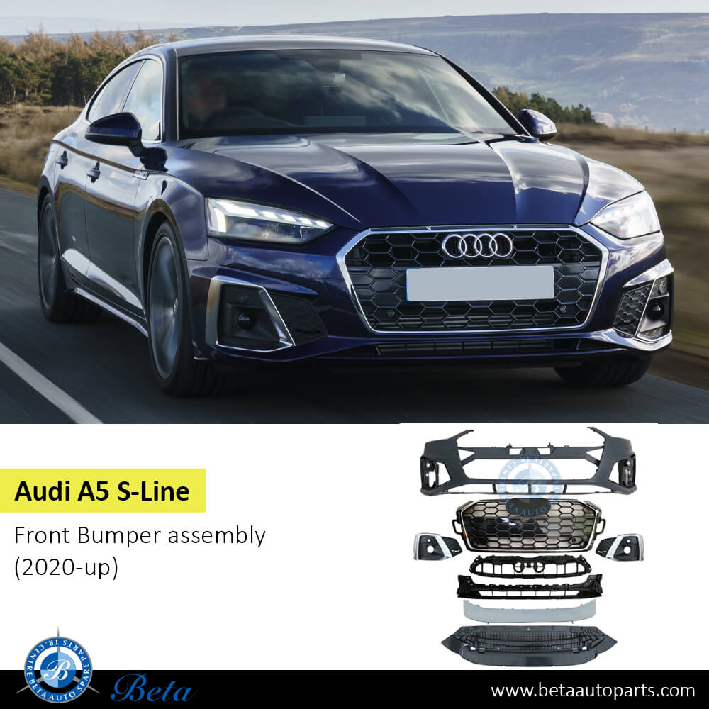 Audi A5 S-Line (2020-Up), Front Bumper with PDC / Park Assist / Washer, China, 8W6807065AE