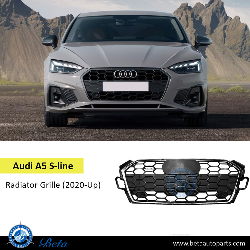 Radiator Grille Black and Chrome color for Audi A5 S-Line 2020-Up models, Part Number 8W6853651BJ